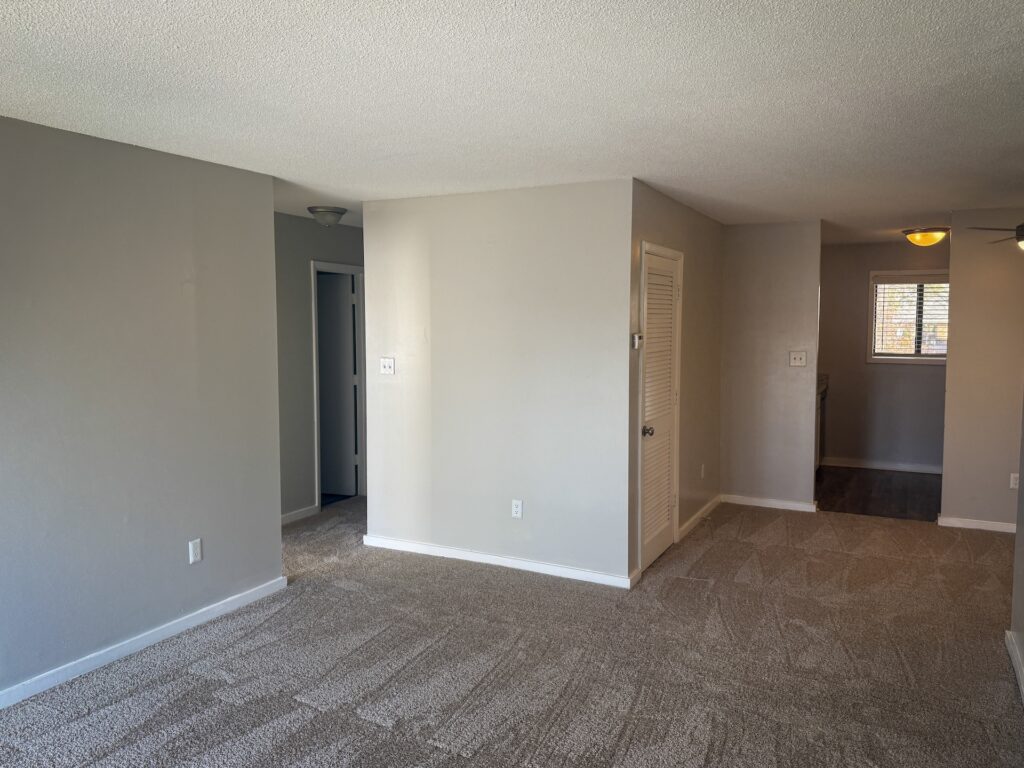 Empty room with beige carpet and light gray walls. A door is slightly ajar. A small hallway leads to another room with dark flooring. Ceiling light visible in the second room.